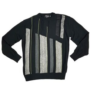 Tosani Sweater Mens Medium Vintage Cotton Textured 3D‎ Knit Black Grey Crew Neck